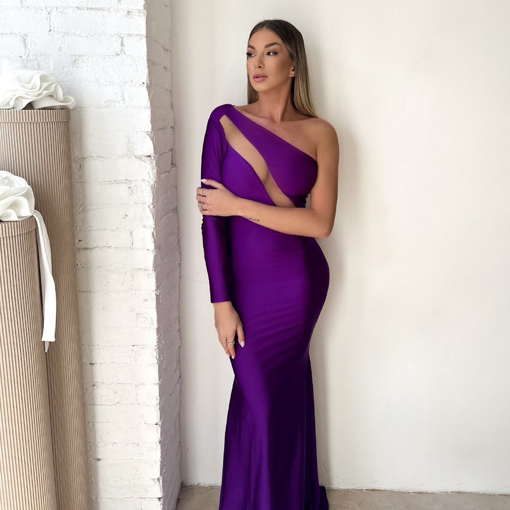 woman in purple one shoulder dress standing indoor woman in purple one shoulder dress standing indoor