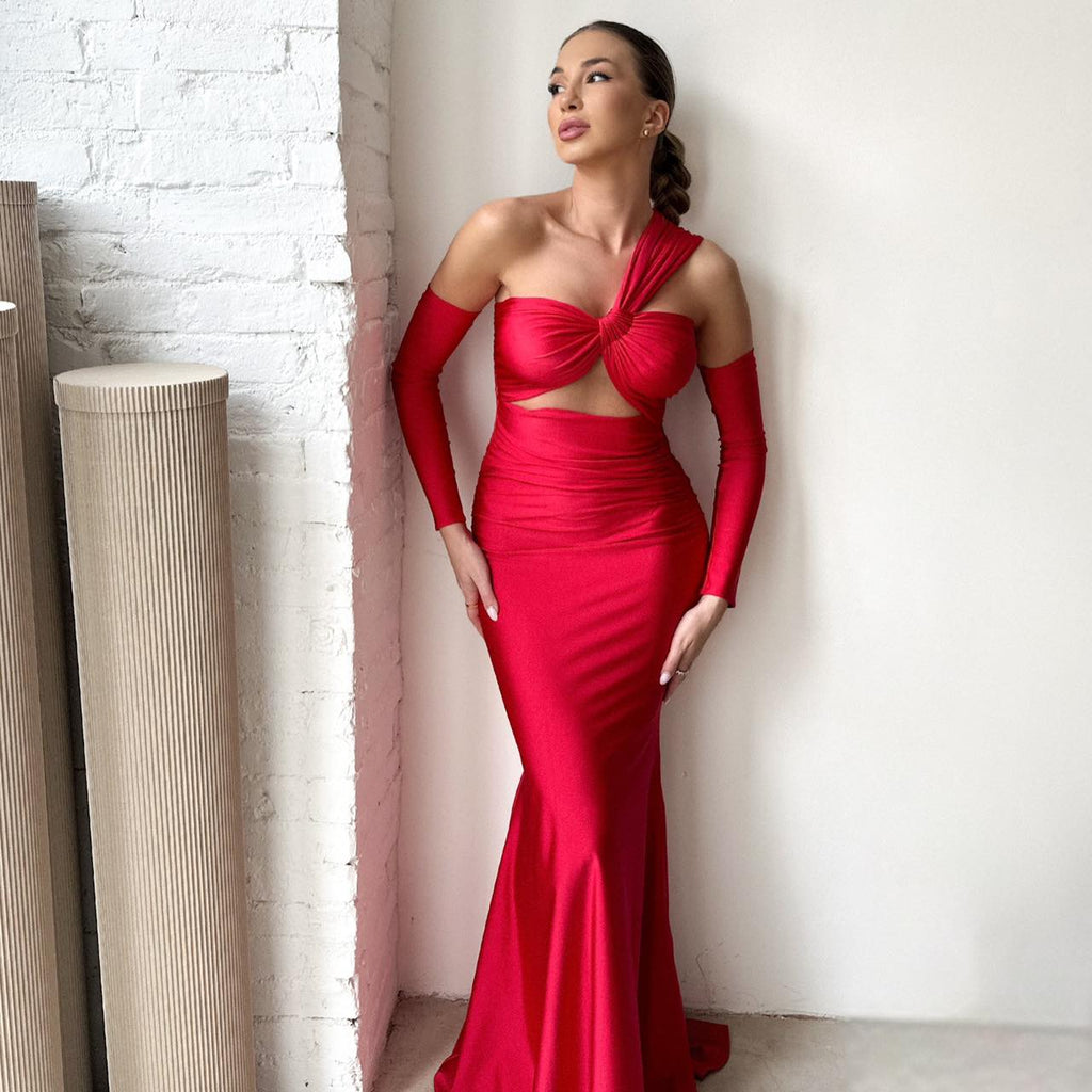 long red gown with one shoulder design long red gown with one shoulder design