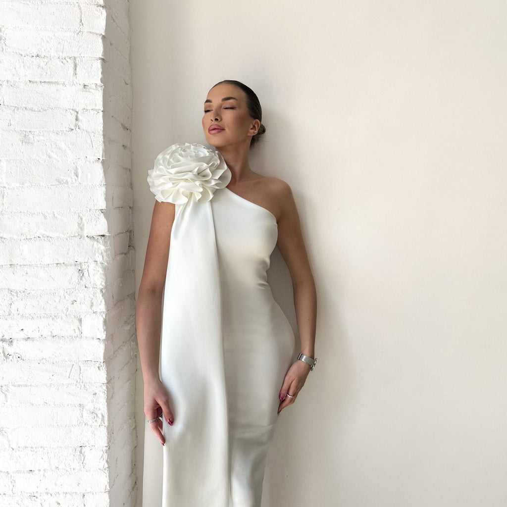 one shoulder white dress with floral detail one shoulder white dress with floral detail
