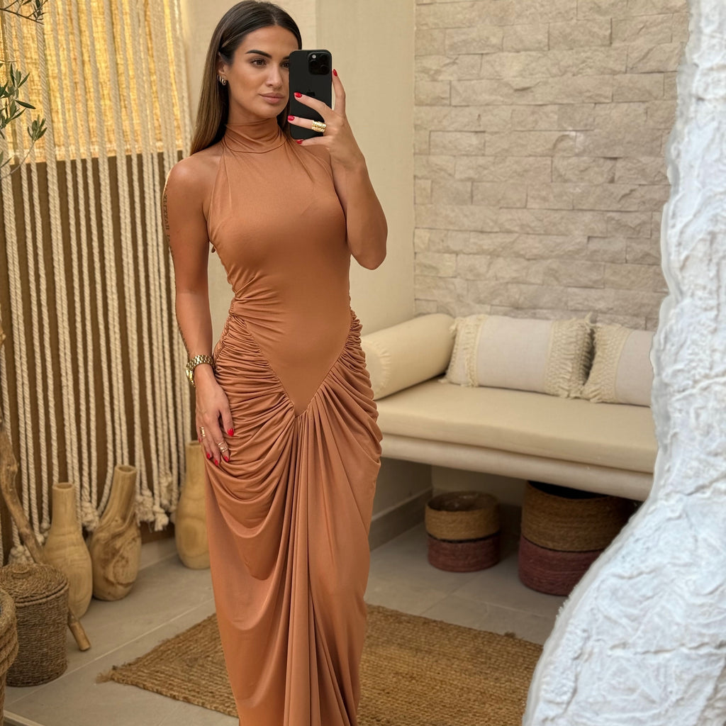 brown ruched maxi dress for women brown ruched maxi dress for women