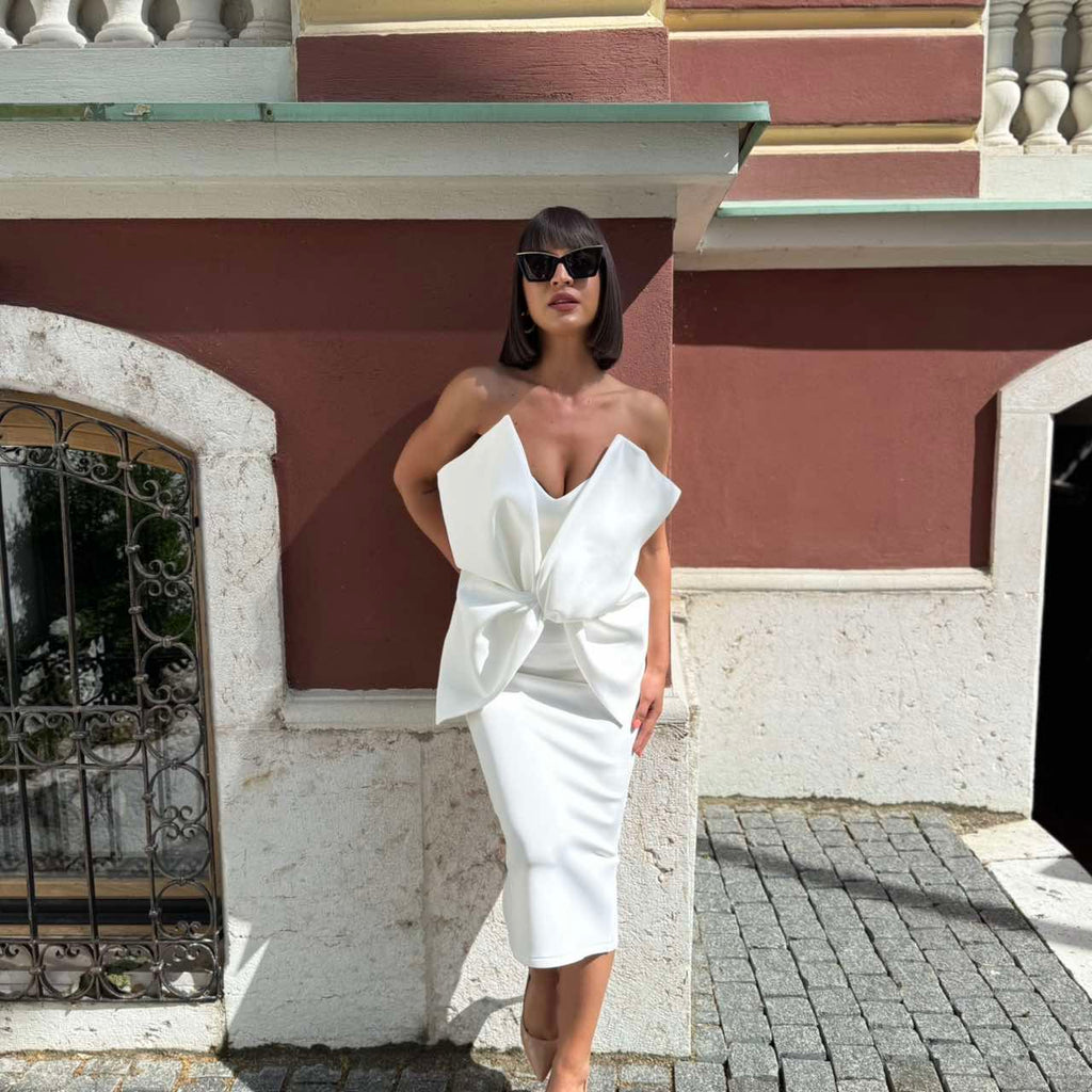 white off shoulder dress with bow detail white off shoulder dress with bow detail