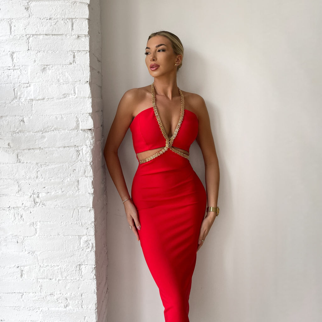 red dress with gold chain detail red dress with gold chain detail