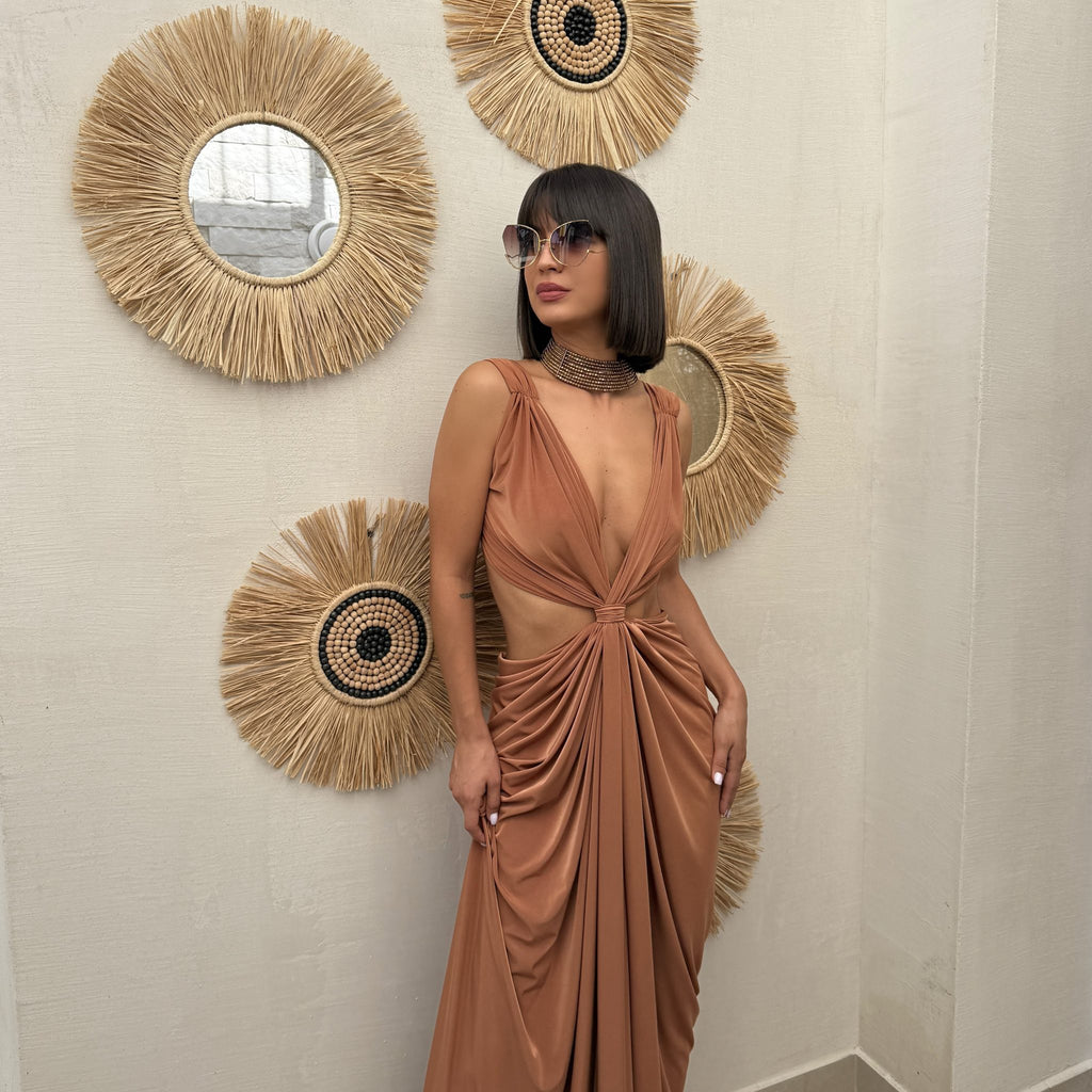 elegant woman in brown dress with sunglasses elegant woman in brown dress with sunglasses