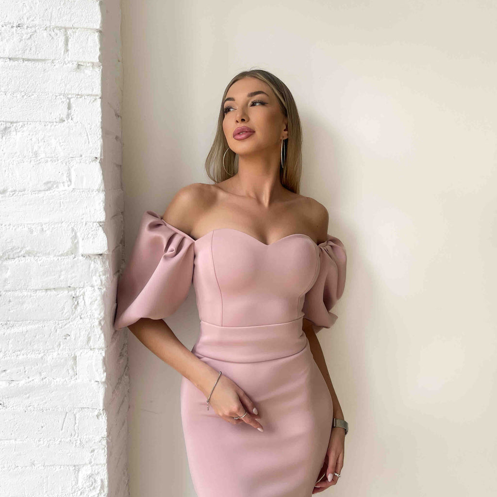 woman wearing pink off shoulder dress woman wearing pink off shoulder dress