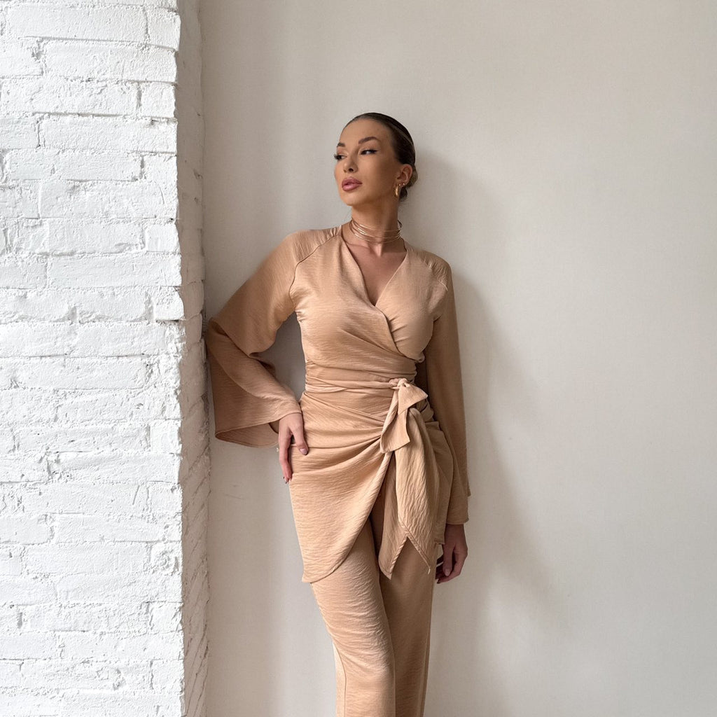 beige wrap dress with bell sleeves beige wrap dress with bell sleeves