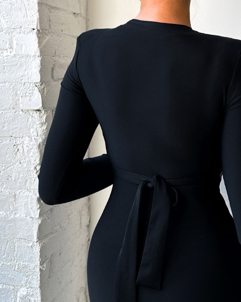 black long sleeve dress with tie waist back view black long sleeve dress with tie waist back view