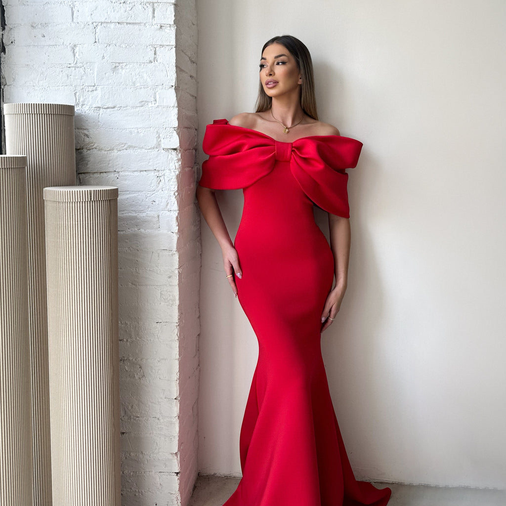 elegant red off shoulder dress with large bow detail elegant red off shoulder dress with large bow detail