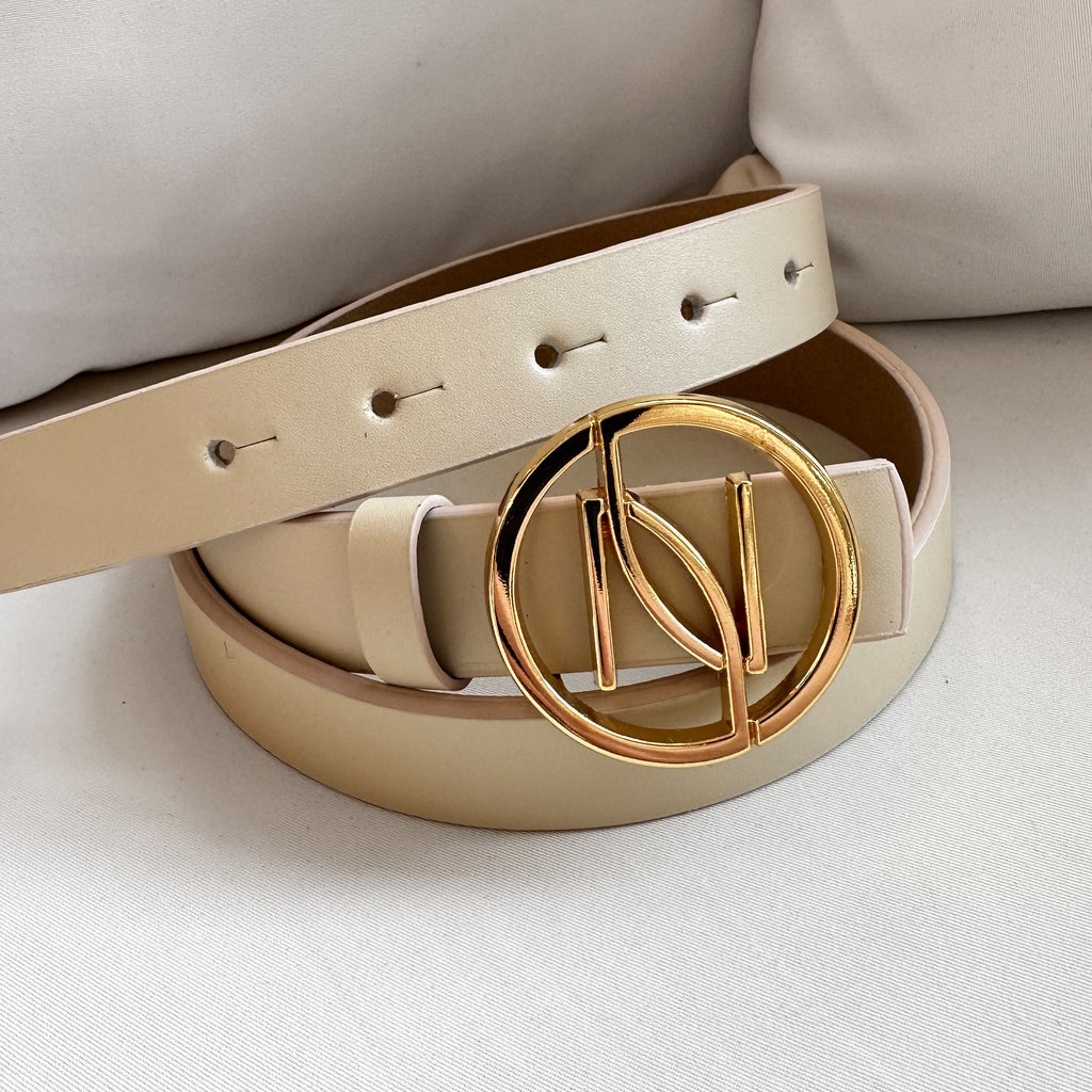 beige belt with gold buckle beige belt with gold buckle