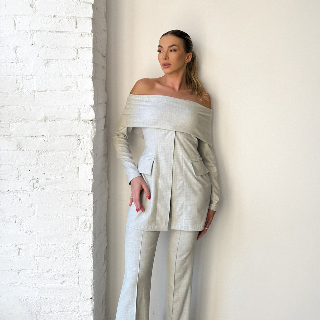 off shoulder light gray womens pant suit off shoulder light gray womens pant suit