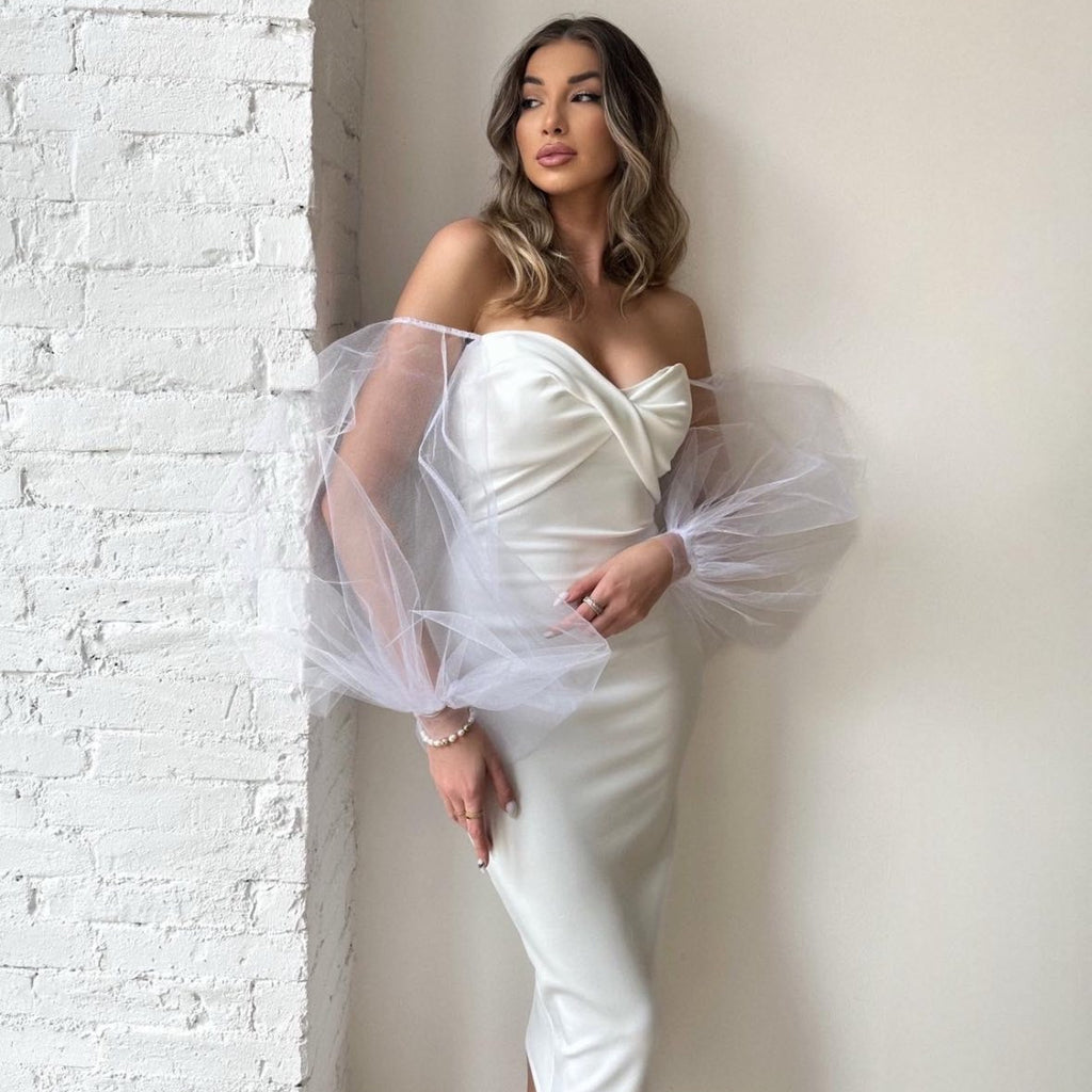 white off shoulder dress with tulle sleeves white off shoulder dress with tulle sleeves