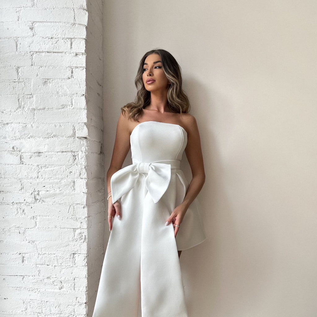 strapless white dress with large bow strapless white dress with large bow
