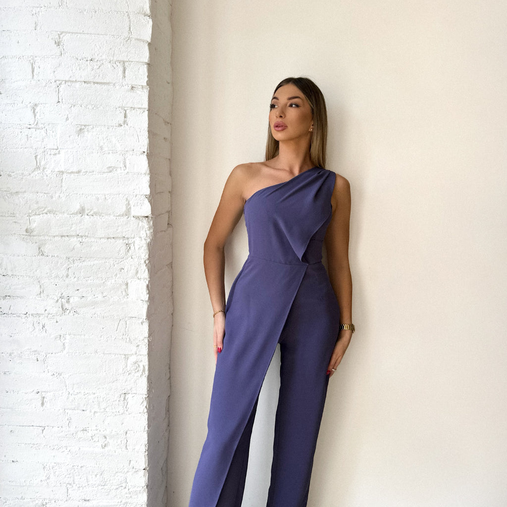 one shoulder purple jumpsuit on model one shoulder purple jumpsuit on model