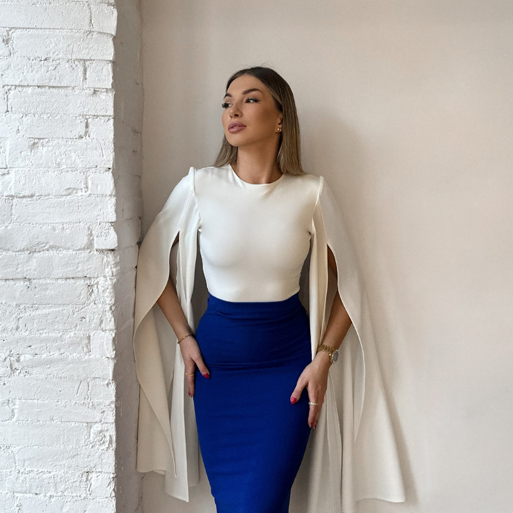 white cape top with blue pencil skirt white cape top with blue pencil skirt