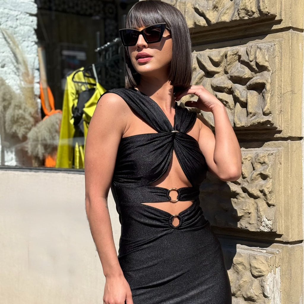 shiny black cutout dress with rings shiny black cutout dress with rings