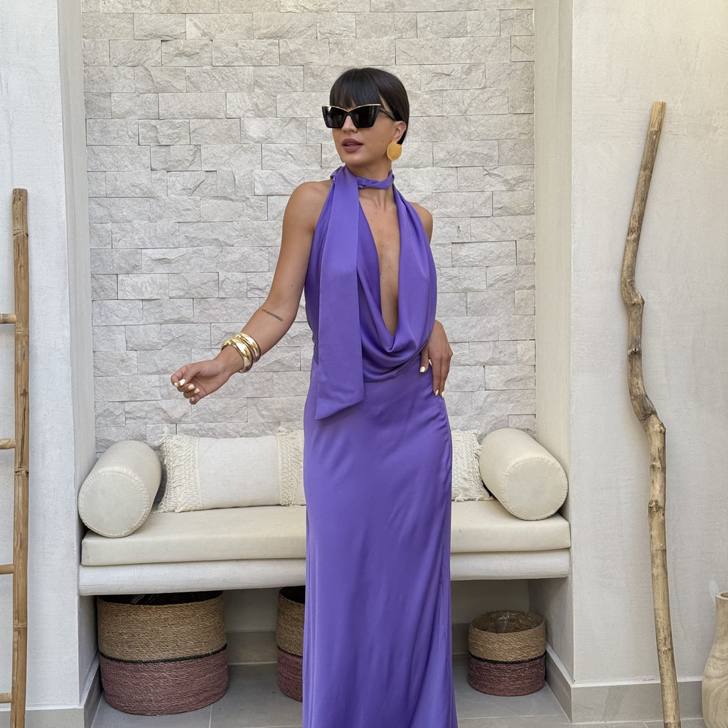 purple halter silk maxi dress with draped neckline purple halter silk maxi dress with draped neckline