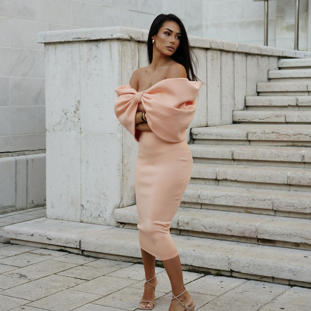 elegant peach satin dress with oversized bow elegant peach satin dress with oversized bow