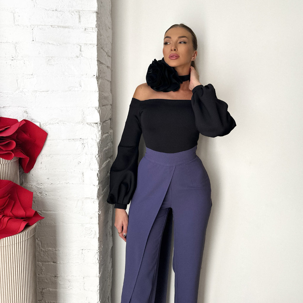 black off shoulder top with purple pants black off shoulder top with purple pants