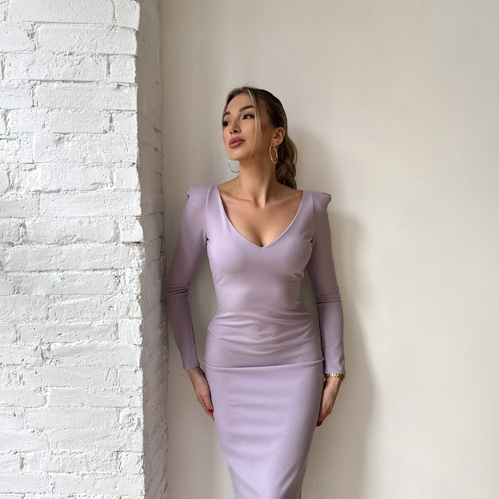 lavender form fitting midi dress with v neck and long sleeves lavender form fitting midi dress with v neck and long sleeves