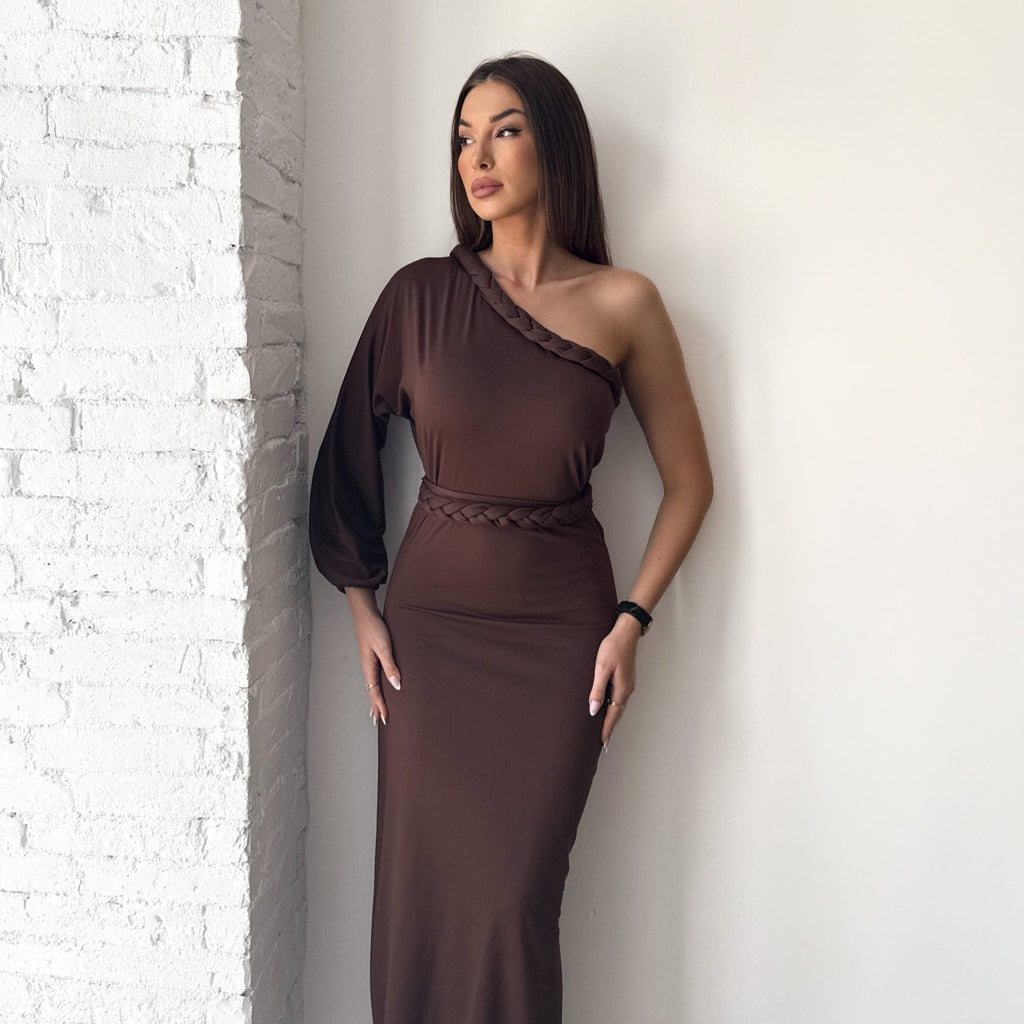 woman wearing one shoulder brown dress woman wearing one shoulder brown dress