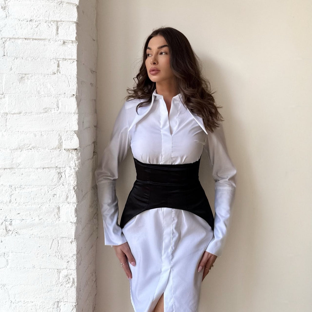 white shirt dress with black corset detail white shirt dress with black corset detail