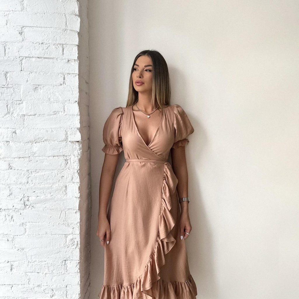 beige ruffle midi wrap dress beige ruffle midi wrap dress