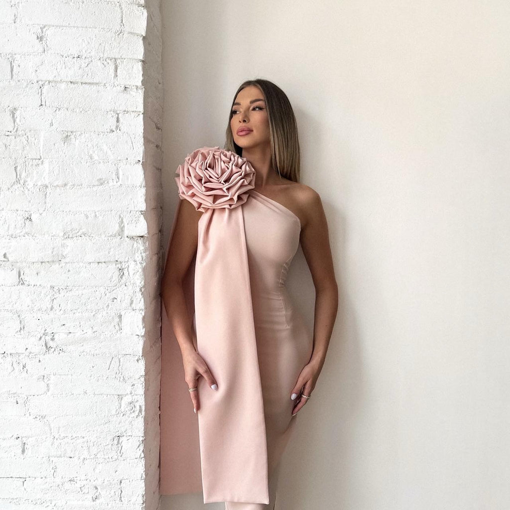 elegant pink one shoulder dress with floral detail elegant pink one shoulder dress with floral detail