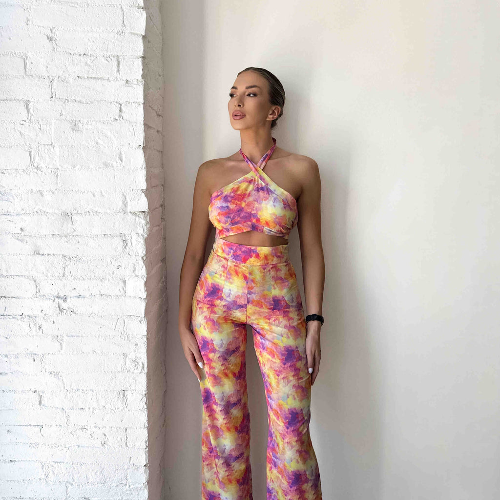 colorful tie dye jumpsuit with halter top colorful tie dye jumpsuit with halter top