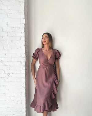 mauve ruffled midi dress with puff sleeves mauve ruffled midi dress with puff sleeves