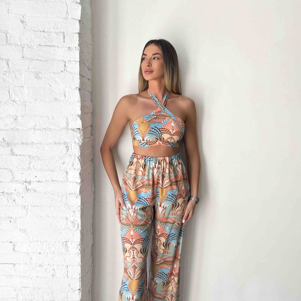 colorful halter jumpsuit with geometric pattern colorful halter jumpsuit with geometric pattern