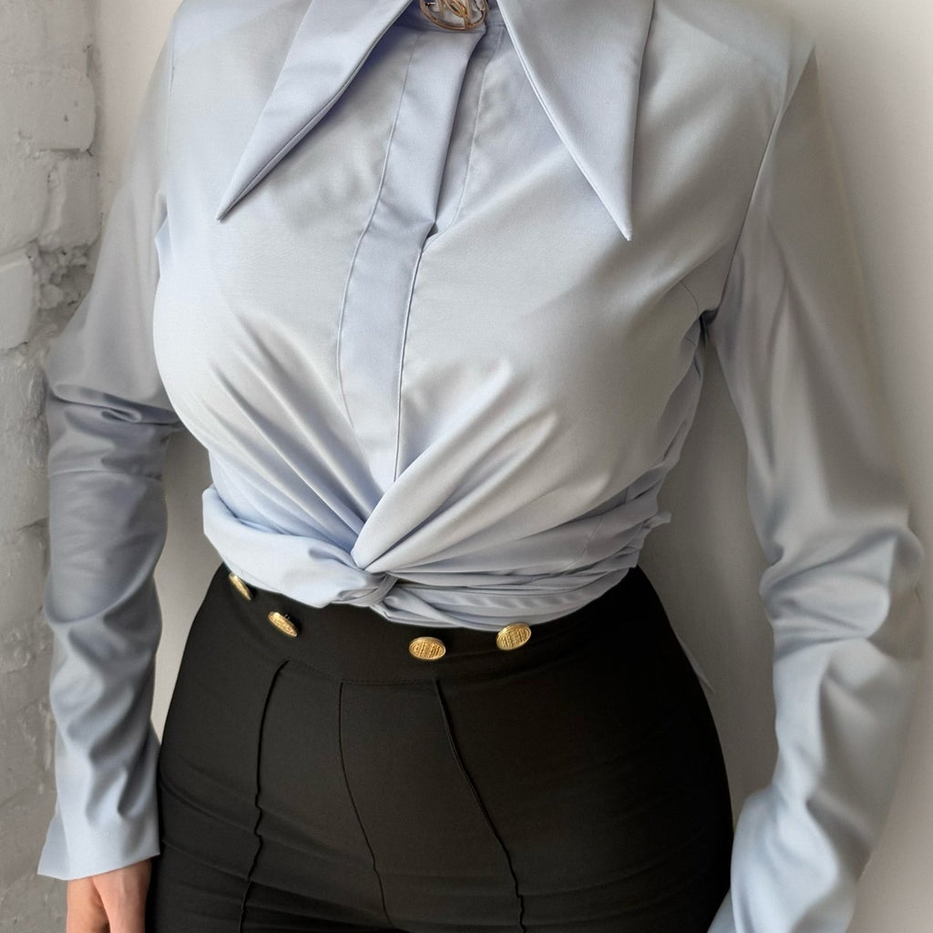 light blue blouse with gold button high waist black pants light blue blouse with gold button high waist black pants