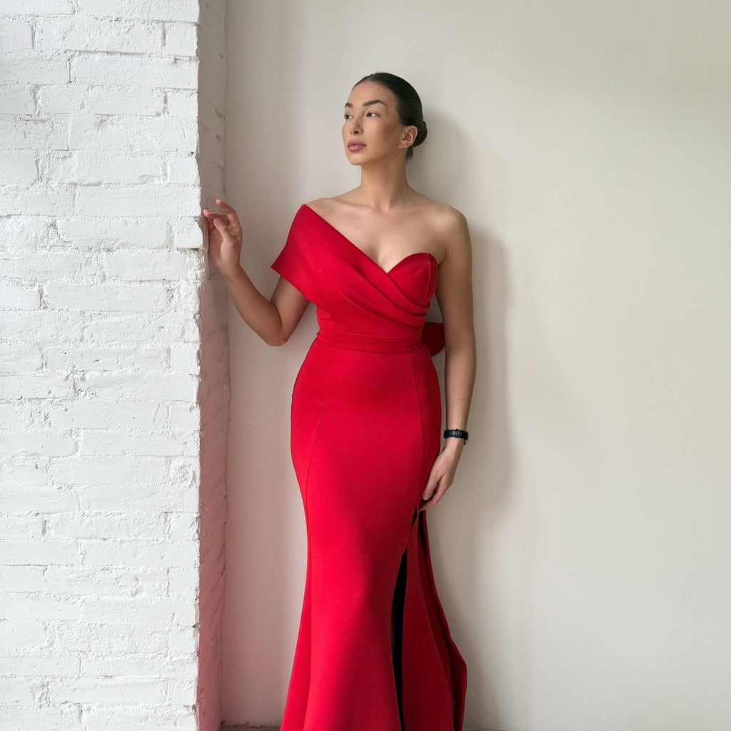 red off shoulder evening gown red off shoulder evening gown