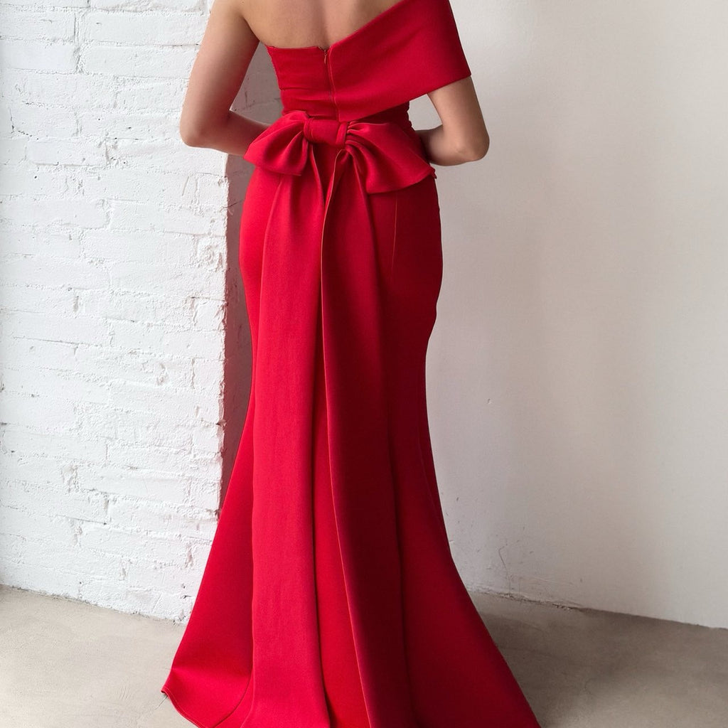 elegant red off shoulder gown with bow back elegant red off shoulder gown with bow back