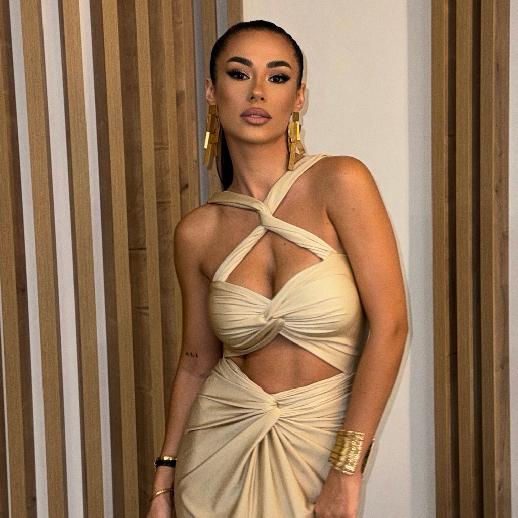 beige cutout dress with crisscross design beige cutout dress with crisscross design