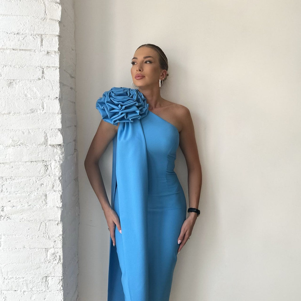 blue one shoulder dress with floral detail blue one shoulder dress with floral detail