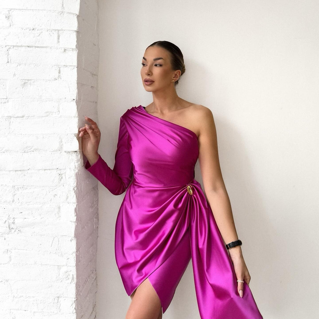 woman wearing pink one shoulder dress woman wearing pink one shoulder dress