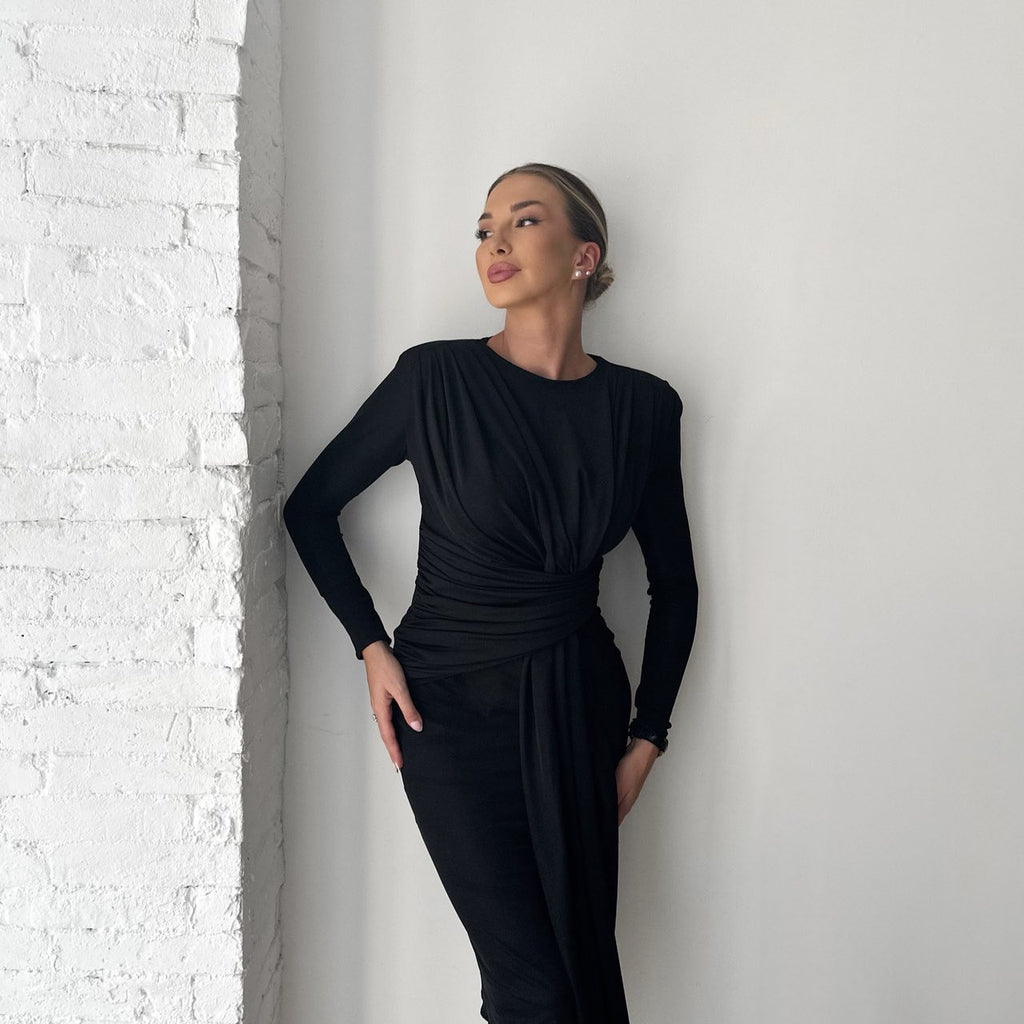 black long sleeve dress on model black long sleeve dress on model