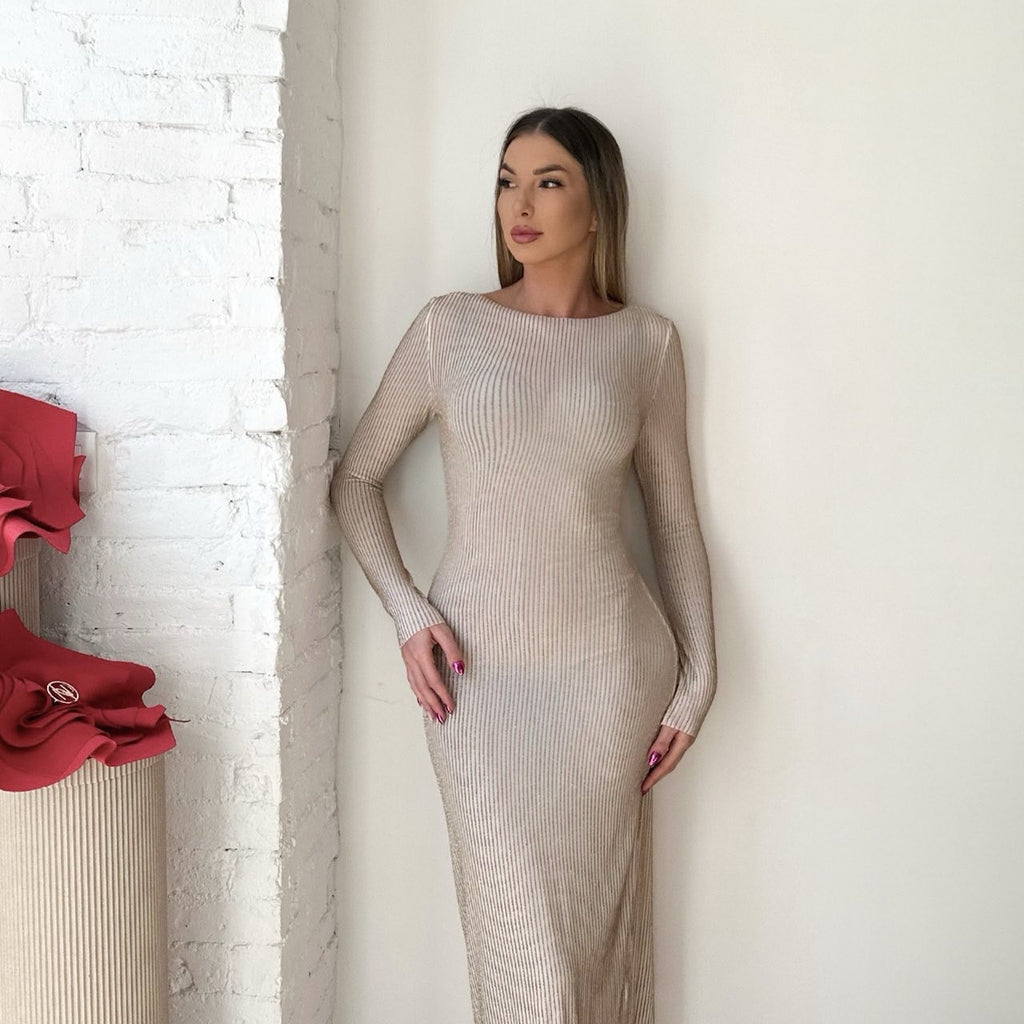 elegant beige long sleeve maxi dress on model elegant beige long sleeve maxi dress on model