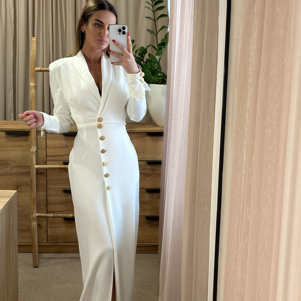 white buttoned long sleeve dress in mirror photo white buttoned long sleeve dress in mirror photo