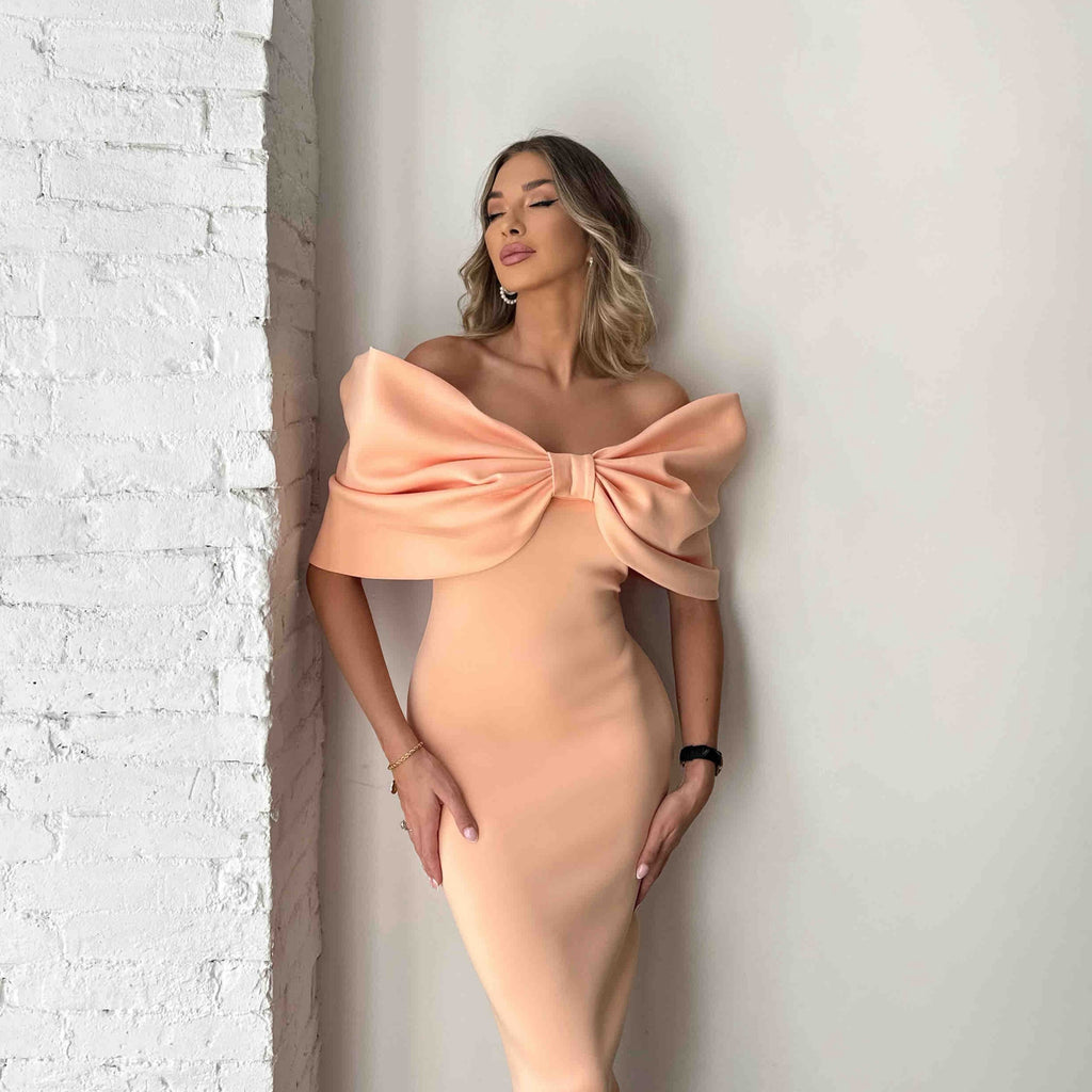 peach off shoulder dress with large bow peach off shoulder dress with large bow