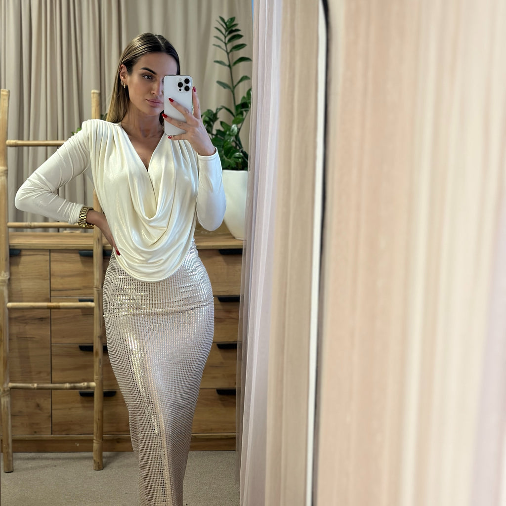 shimmering sequin maxi skirt and draped white blouse outfit shimmering sequin maxi skirt and draped white blouse outfit