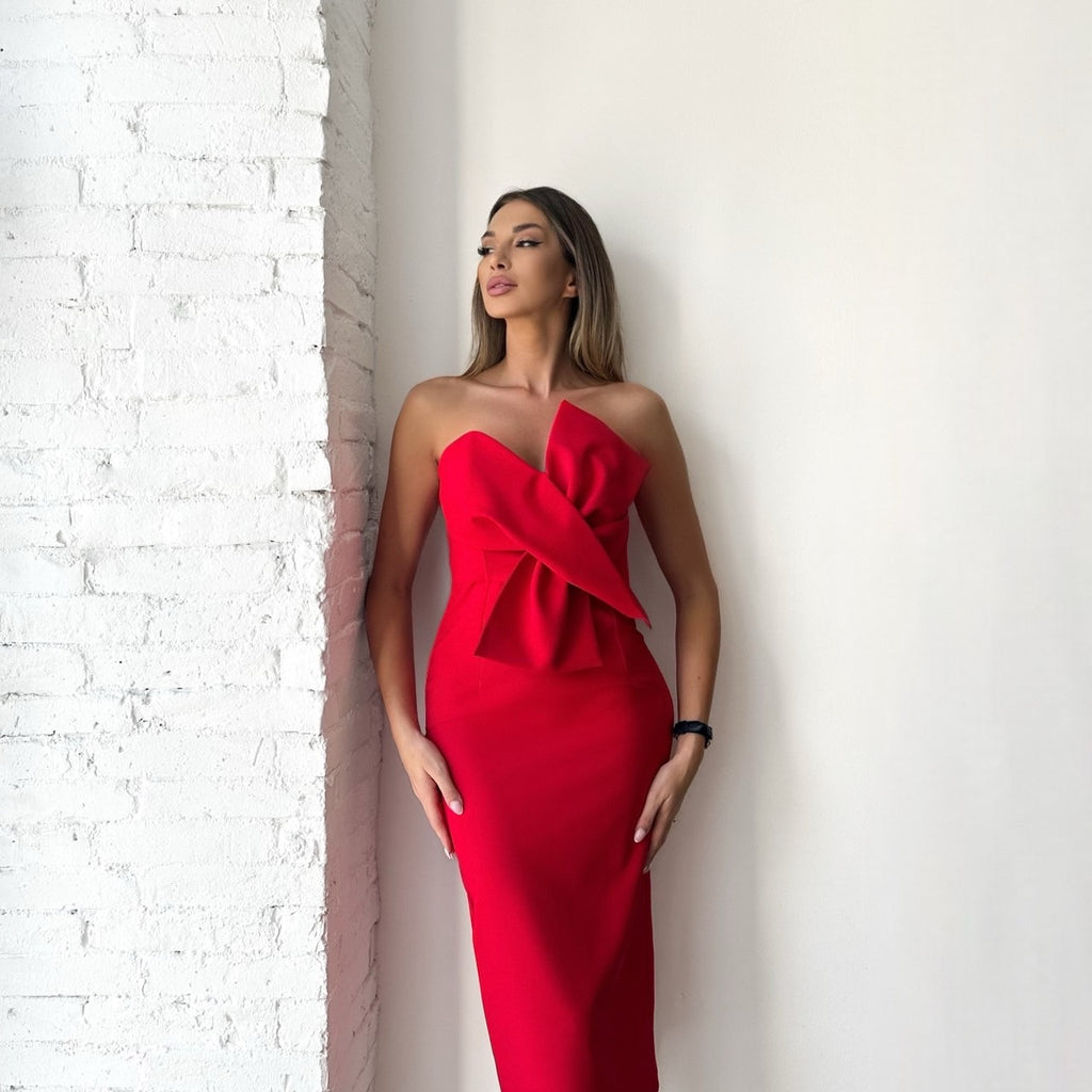 woman wearing red strapless dress woman wearing red strapless dress