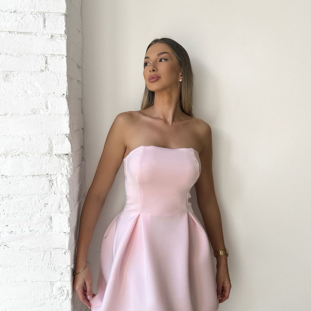 strapless light pink dress on woman strapless light pink dress on woman