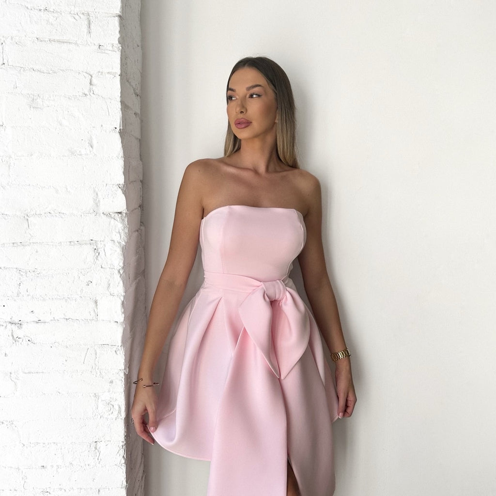 strapless pink dress with bow detail strapless pink dress with bow detail