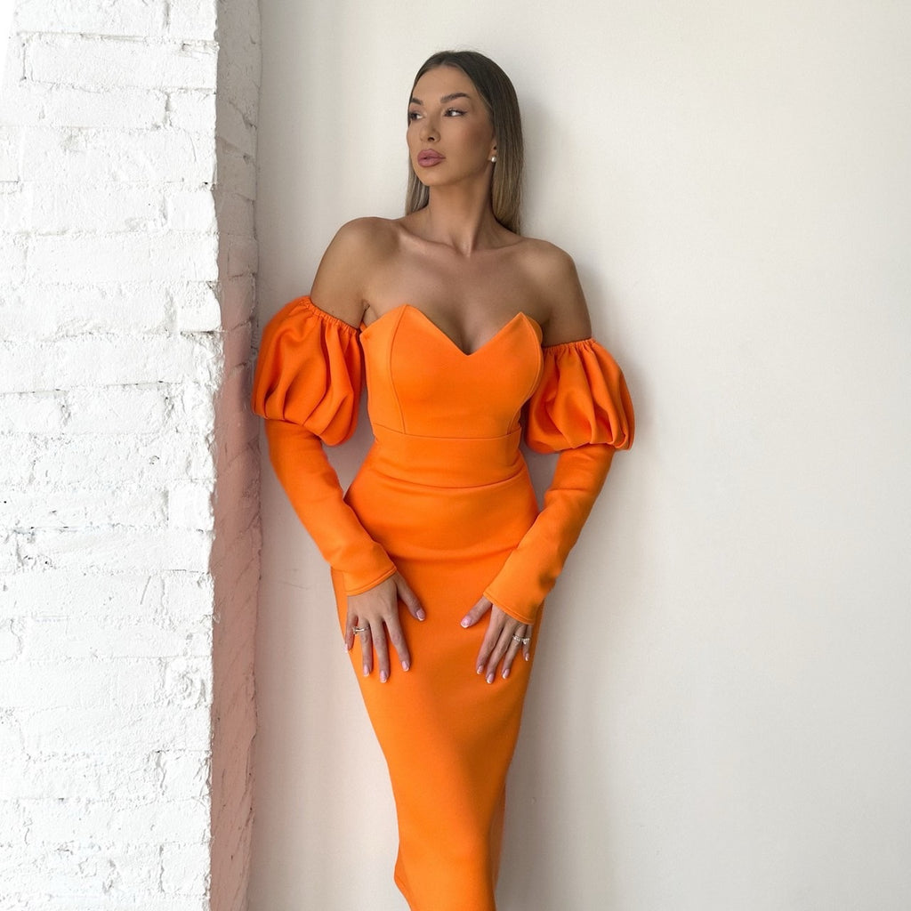 orange off shoulder dress with puffy sleeves orange off shoulder dress with puffy sleeves