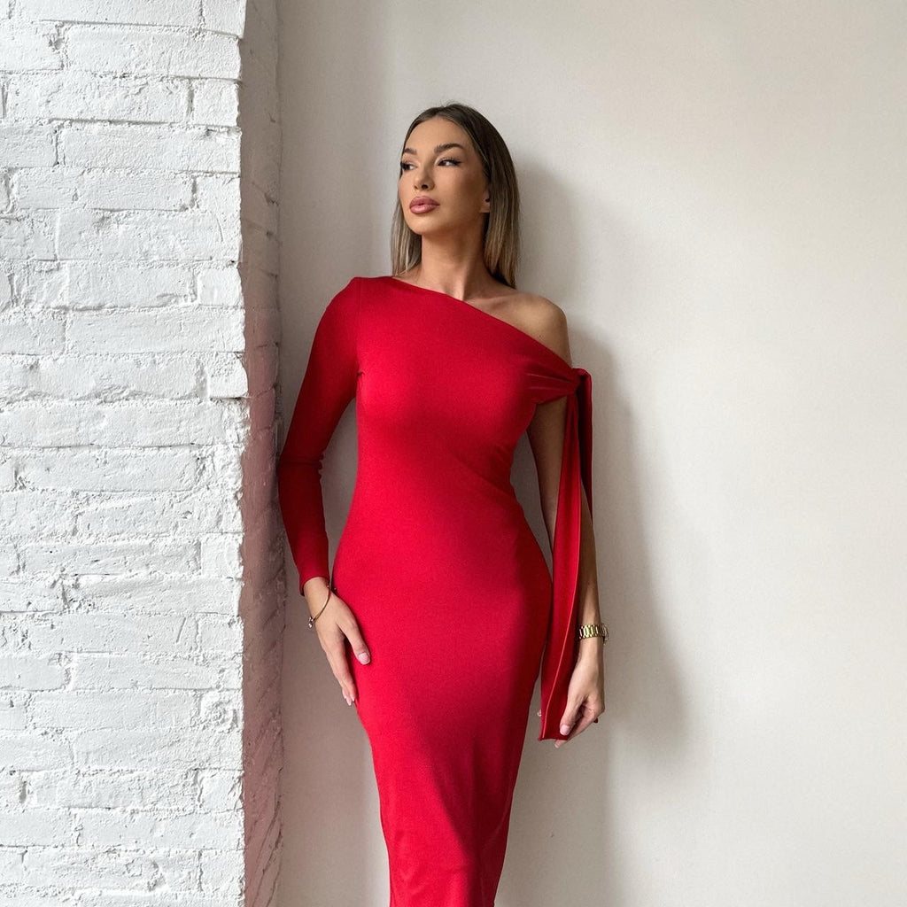 woman wearing red one shoulder dress woman wearing red one shoulder dress