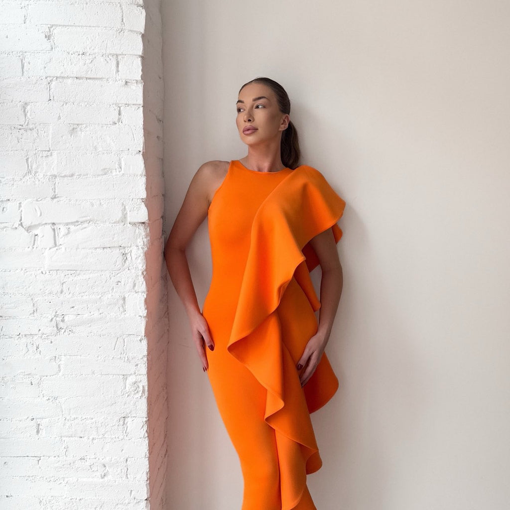 orange ruffle one shoulder dress orange ruffle one shoulder dress