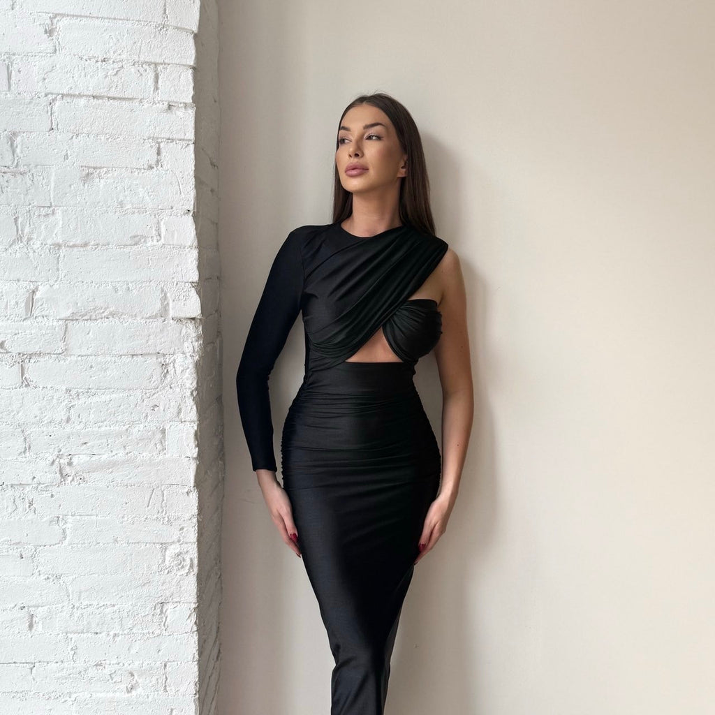 sleek black cutout dress with one sleeve sleek black cutout dress with one sleeve