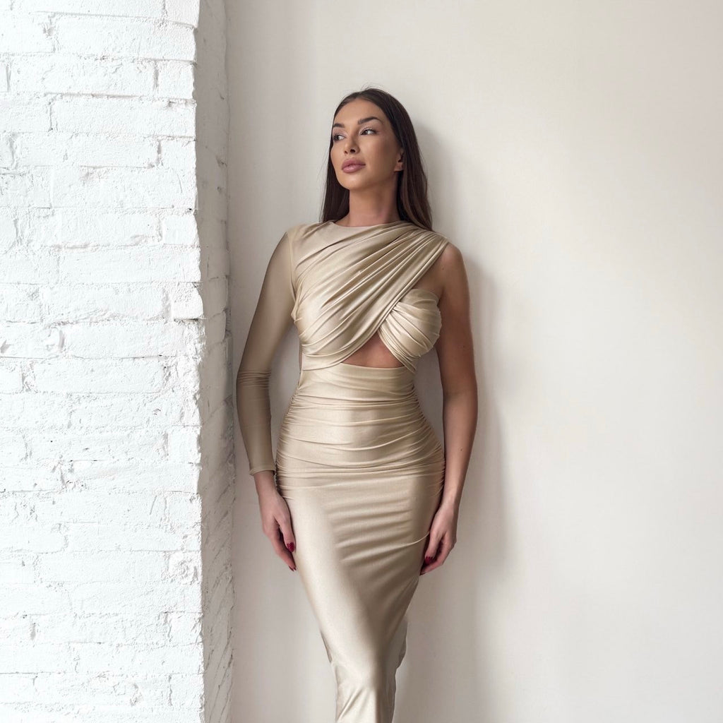 beige one sleeve cutout dress on woman beige one sleeve cutout dress on woman