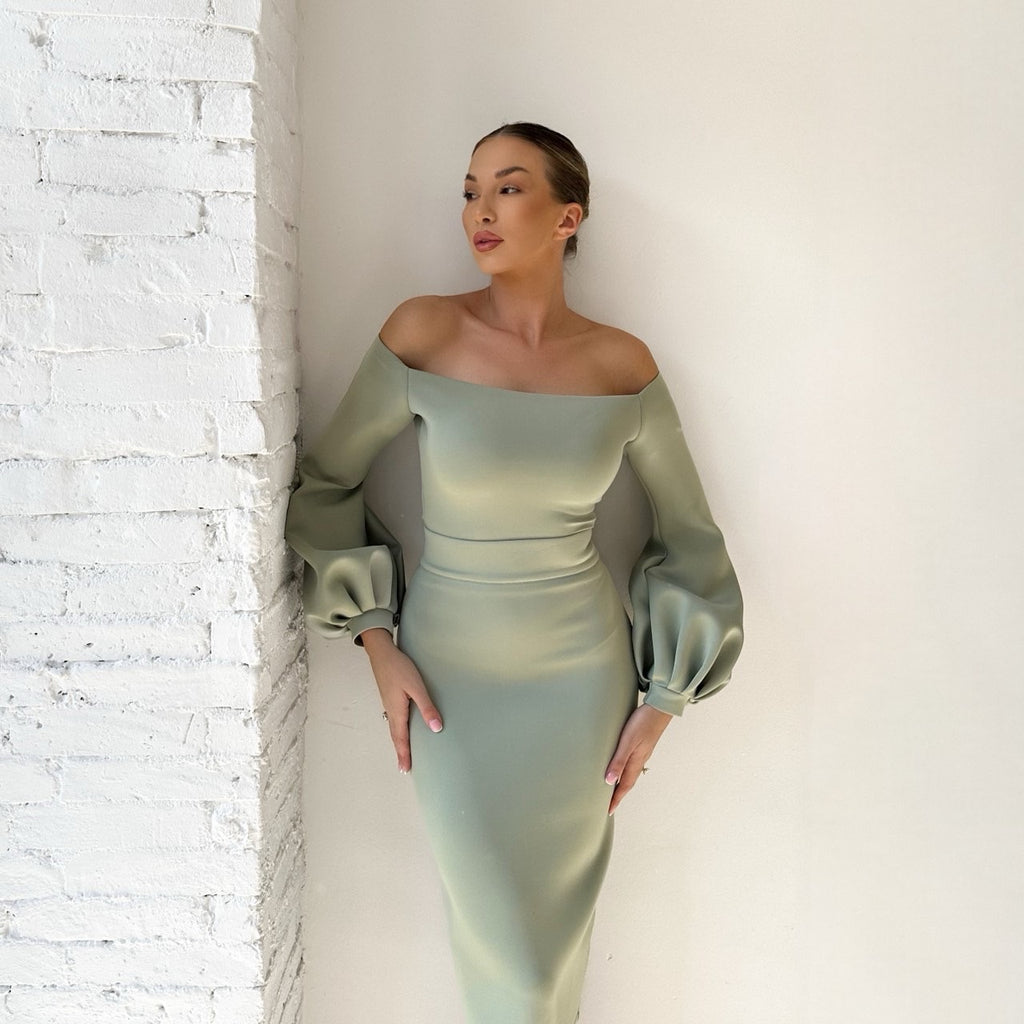 elegant off shoulder light green dress with balloon sleeves elegant off shoulder light green dress with balloon sleeves