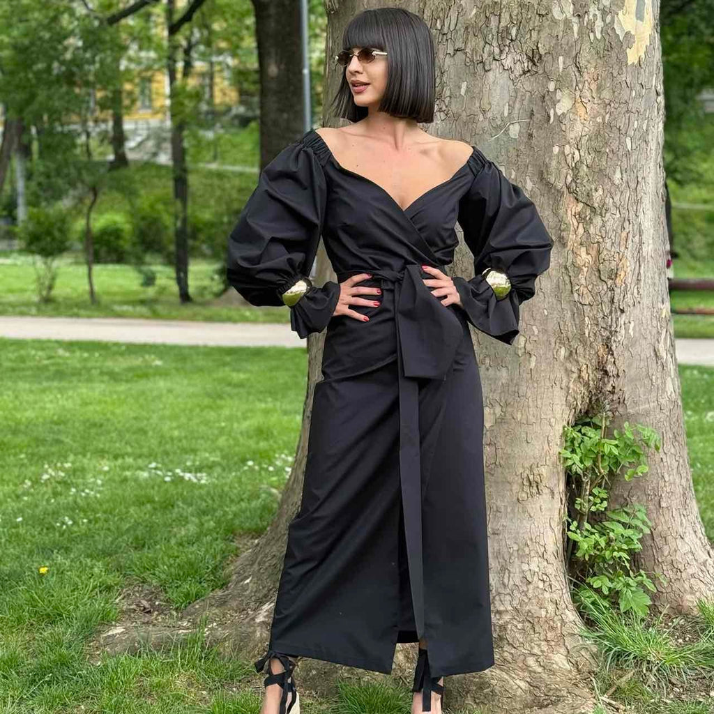 black off shoulder dress with puff sleeves in park black off shoulder dress with puff sleeves in park